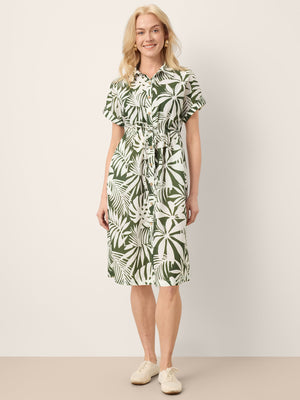 Vestido Midi de Camisa Aurelia em Linho com Estampado de Palmeiras, Cordão na Cintura e Manga com Punho