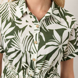 Vestido Midi de Camisa Aurelia em Linho com Estampado de Palmeiras, Cordão na Cintura e Manga com Punho