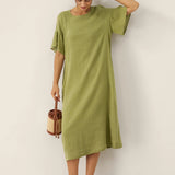 Vestido Maxi de Linho com Manga Curta e Gola Redonda WINNIE