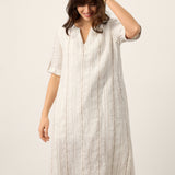 Vestido Midi Boémio ALTHEA em Linho com Riscas, Gola com Abertura em V e Punhos com Presilha
