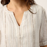 Vestido Midi Boémio ALTHEA em Linho com Riscas, Gola com Abertura em V e Punhos com Presilha