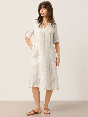 Vestido Midi Boémio ALTHEA em Linho com Riscas, Gola com Abertura em V e Punhos com Presilha