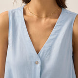 Vestido Céline de Linho de Férias sem Mangas com Decote em V e Comprimento Médio