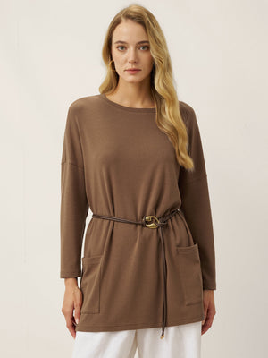 Camisola Lenzing Tencel Modal® com Gola Redonda, Ombros Descaídos e Bolsos de Aplicação
