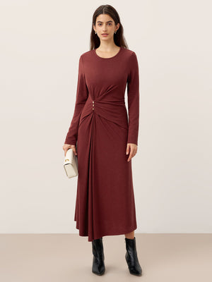 Vestido Comprido Franzido na Lateral da Cintura Elsinore em Lã e Lyocell