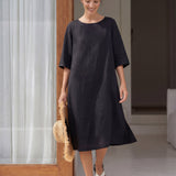 Vestido de Linho 100% Gola Redonda Comprimento Médio SOFIA