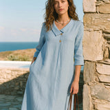 Vestido Midi A-Line com Gola Xaile Assimétrica em Linho 100% WINIFRED