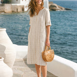 Vestido Midi Boémio ALTHEA em Linho com Riscas, Gola com Abertura em V e Punhos com Presilha