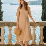 100% Linen Side-Gathered Bow Maxi Dress ESMERALDA