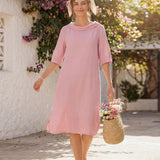 Vestido Midi SABRINA em Linho 100% Esculpido com Decote Canoa e Laço nas Costas