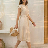 100% Linen Lace-Inset Bubble-Hem Midi Dress LORITA