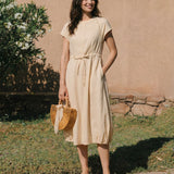 100% Linen Lace-Inset Bubble-Hem Midi Dress LORITA