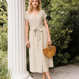 100% Linen Plaid Detachable Tie-Belt Button-Front Maxi Dress LARISSA