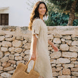 Vestido-Camiseiro em Linho 100% com Botões à Frente, Punhos com Laço e Decote em V HONORIA