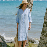 100% Linen Split-Neck Patch-Pocket Midi Dress KALINA