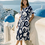 Vestido midi com cintura plissada e estampado abstrato em linho PRIYA
