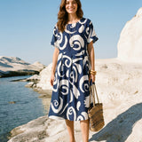 Vestido midi com cintura plissada e estampado abstrato em linho PRIYA