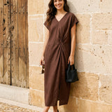 Vestido Maxi em Linho 100% com Torção na Cintura e Racha LYNETTE