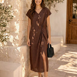 Vestido Maxi em Linho 100% com Torção na Cintura e Racha LYNETTE