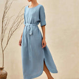 Vestido Maxi Tipo Kimono 100% Linho com Corte Largo MADDIE