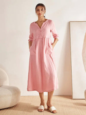 Vestido Maxi LUNA 100% Linho com Cintura Franzida e Botões de Ajuste