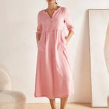 Vestido Comprido LUNA 100% Linho com Cintura Elástica e Pormenores Franzidos