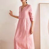 Vestido Maxi LUNA 100% Linho com Cintura Franzida e Botões de Ajuste