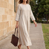 Vestido Maxi Plissado com Decote Bateau 100% Linho