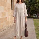 Vestido Maxi Plissado Gola Bateau 100% Linho ABIGAIL