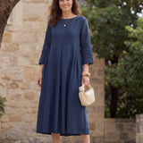 Vestido Maxi Plissado com Decote Bateau 100% Linho
