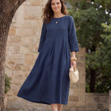 Vestido Maxi Plissado com Decote Barco em 100% Linho ABIGAIL
