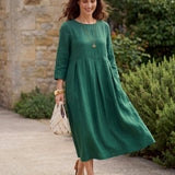 Vestido Maxi Plissado com Decote Bateau 100% Linho