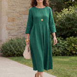 Vestido Maxi Plissado Gola Bateau 100% Linho ABIGAIL