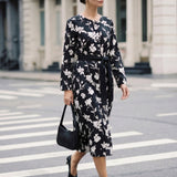 Vestido comprido drapeado com estampado floral 100% linho ELODIE