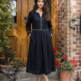 Vestido comprido com folhos e remate contrastante em linho-liocel NYX