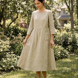 Vestido Comprido MARCELLA de Linho, Cintura Franzida e Bolsos de Aba
