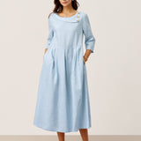Vestido Maxi Plissado com Gola Meia-Lua, Botões Decorativos e Cintura, 100% Linho GWENYTH