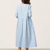 Vestido Maxi Plissado com Gola Meia-Lua, Botões Decorativos e Cintura, 100% Linho GWENYTH