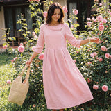 Vestido Maxi Plissado com Gola Meia-Lua, Botões Decorativos e Cintura, 100% Linho GWENYTH
