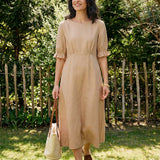 Vestido Comprido Zephyra de Linho 100% com Decote Redondo, Cintura Alta e Mangas com Folhos