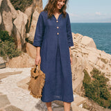 Vestido Maxi MATILDE em 100% Linho com Decote em V e Prega Invertida
