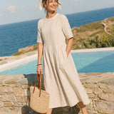 Vestido Maxi Fluido EUDORA 100% Linho com Costura em Arco