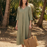 Vestido Maxi ZENOBIA em Linho 100%, com Pregas Centrais, Decote em V e Manga com Punho