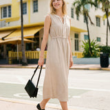 Vestido Midi Sem Mangas com Renda e Cintura Elástica 100% Linho LUCINDA
