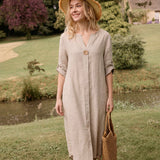 100% Linen Stand Collar V-Slit Tab Sleeve Maxi Dress LEORA