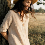 100% Linen Stand Collar V-Slit Tab Sleeve Maxi Dress LEORA