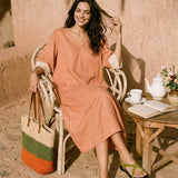 Vestido Maxi Cocoon PETRA com Punho em Renda 100% Linho