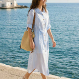 Vestido Maxi de Camisa Casulo MIREN com Gola de Camisa e Punho Dobrado, 100% Linho