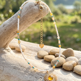 Colar de Contas de Pedra Natural com Pendente de Sol