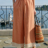100% Linen Lace-Hem Wide-Leg Pants DARBY